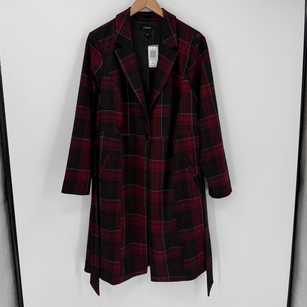 NWT Torrid Red Plaid Longline Trench Coat Double Knit 2X Belted